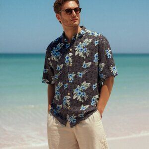 Tommy Bahama Men's Dark Grey Floral Silk Shirt, Size Large